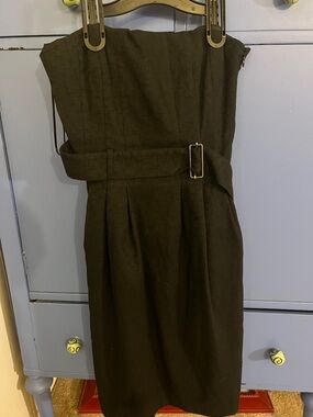 Theory Strapless Dark Olive Belted Sheath Dress